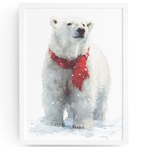 Watercolor Polar Bear with Red Scarf Portrait Wall Art Print Poster, Unframed